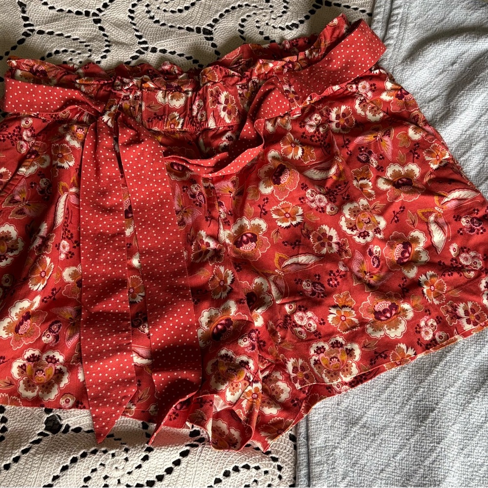 LOFT Red Floral High-Waist Paperbag Shorts